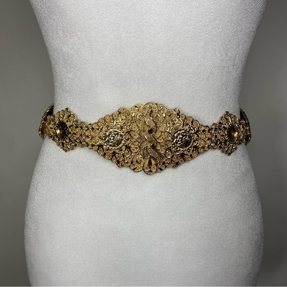 Vintage Accessories - Vintage 27” Gold Tone French Francs Black Stretchy Medallion Belt France Disco